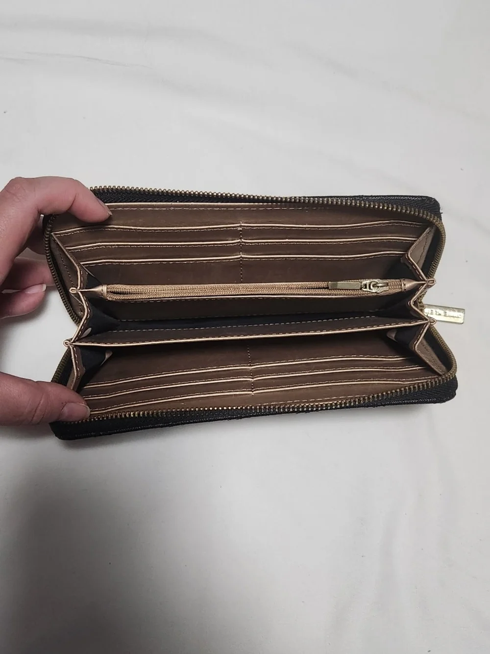 Anne Klein Black Quilted Zip Around Wallet with Gold Hardware